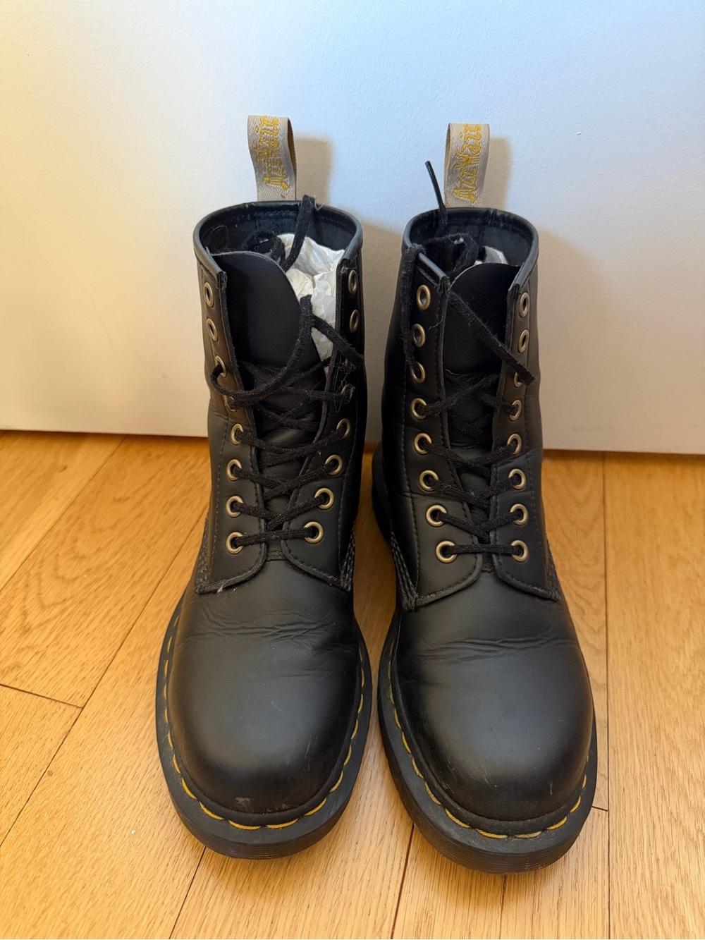 Dr. Martens Black Vegan Leather Lace-Up 1460 Felix Boots with Yellow Stitching